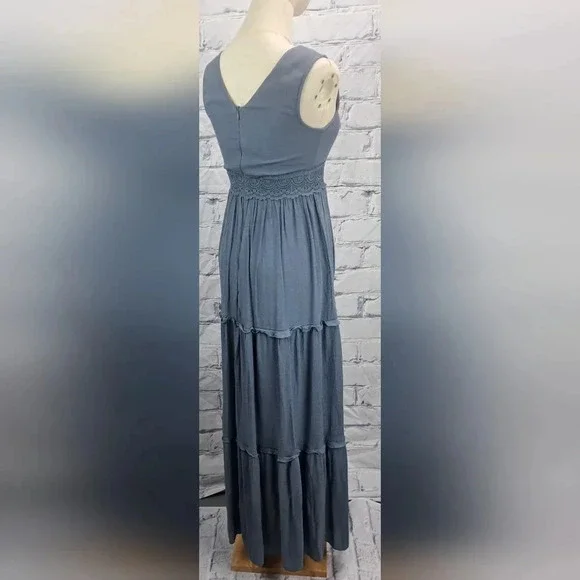 Rebellion Again Ruffled Boho Lace Maxi Dress V-Neck Dark Blue Rayon Y2K Size  XS - Picture 10 of 16